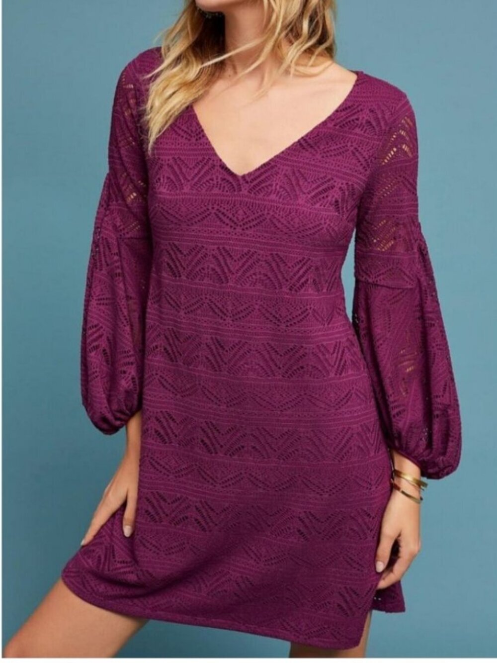 Anthropologie Maeve Purple Lace Balloon Sleeve Dress